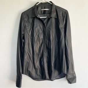 Elaine Kim Black Faux Leather Shirt Snap Button Down Collared Long Sleeve Size L